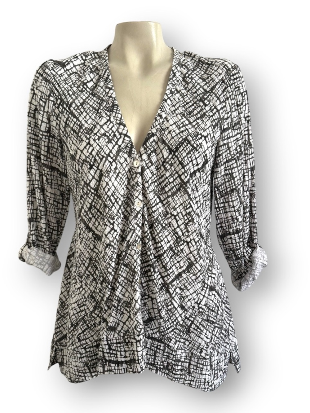 HABITAT CLOTHES TO LIVE IN LAGENLOOK ART TO WEAR GRAY WHITE TOP SZ S